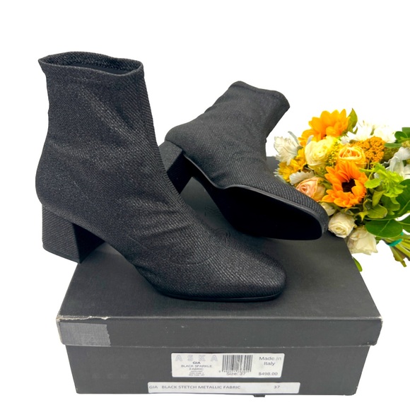 ASKA Made In Italy Gia Stretch Metallic Fabric Ankle Heel Boots 37 (6.5) NIB - Picture 2 of 9